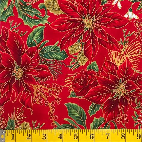 red and white poinsettia fabric with gold metallic|poinsettia fabric for quilting.